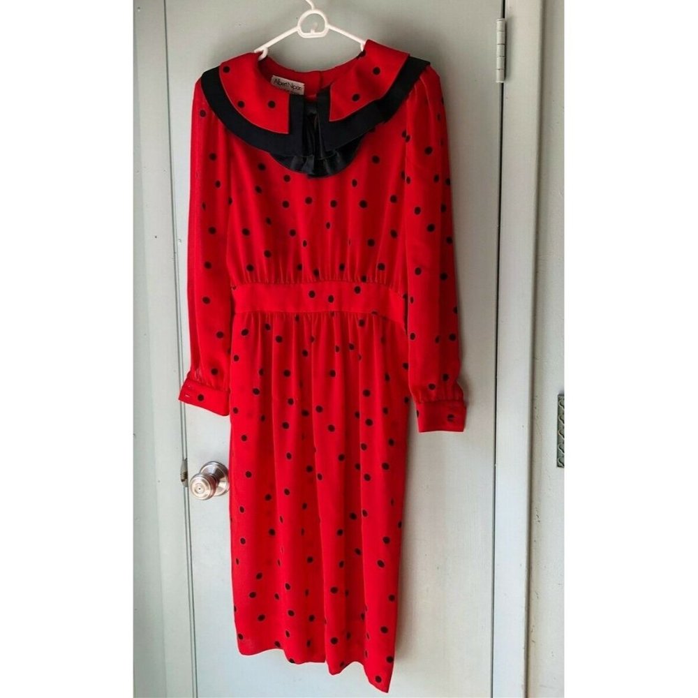 Vintage Albert Nipon Executive Dress Red Black Polka Dot size 6 made in Japan